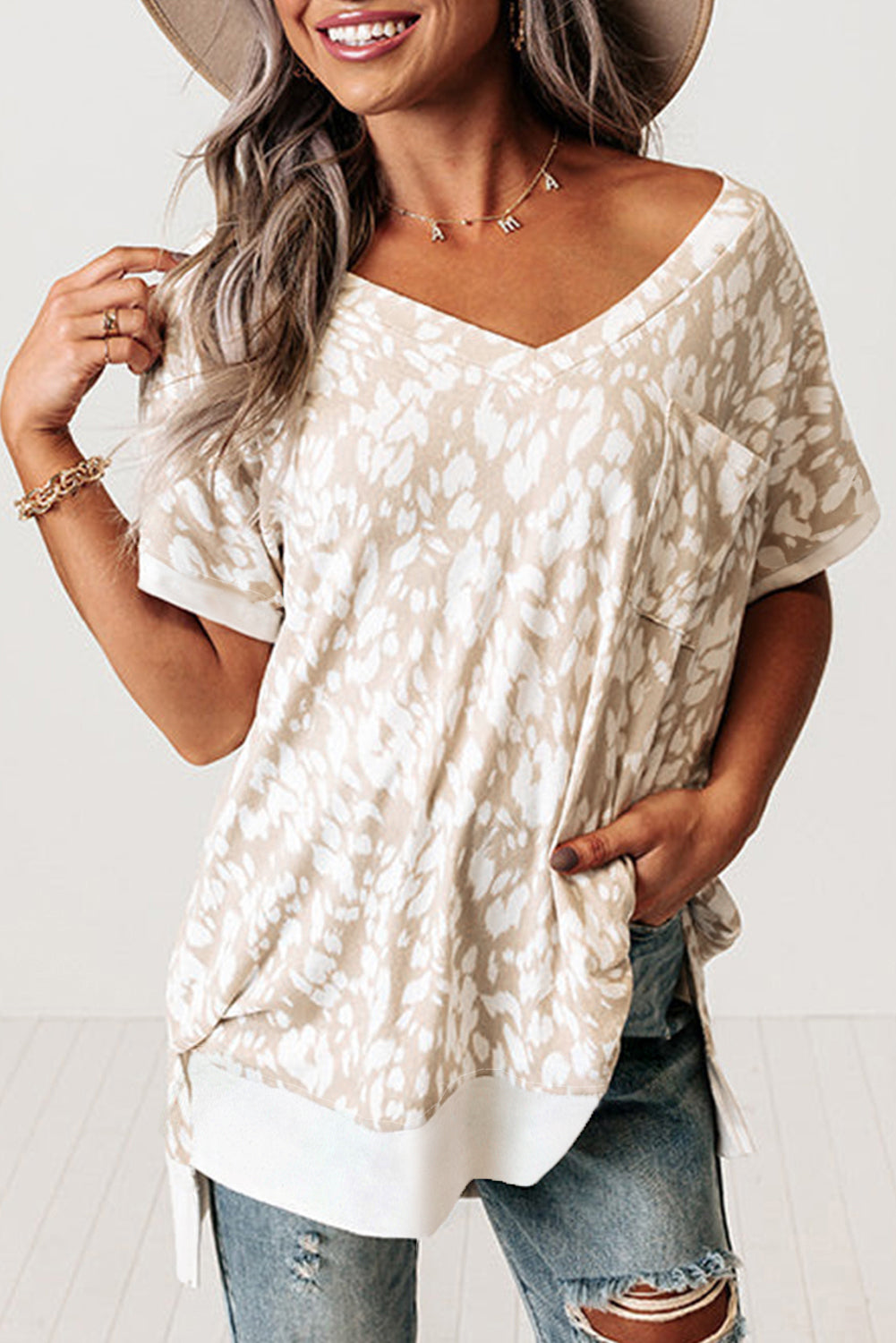 Khaki Leopard Print V Neck Side Slit Loose Fit T-Shirt - The Fair Lady Shop