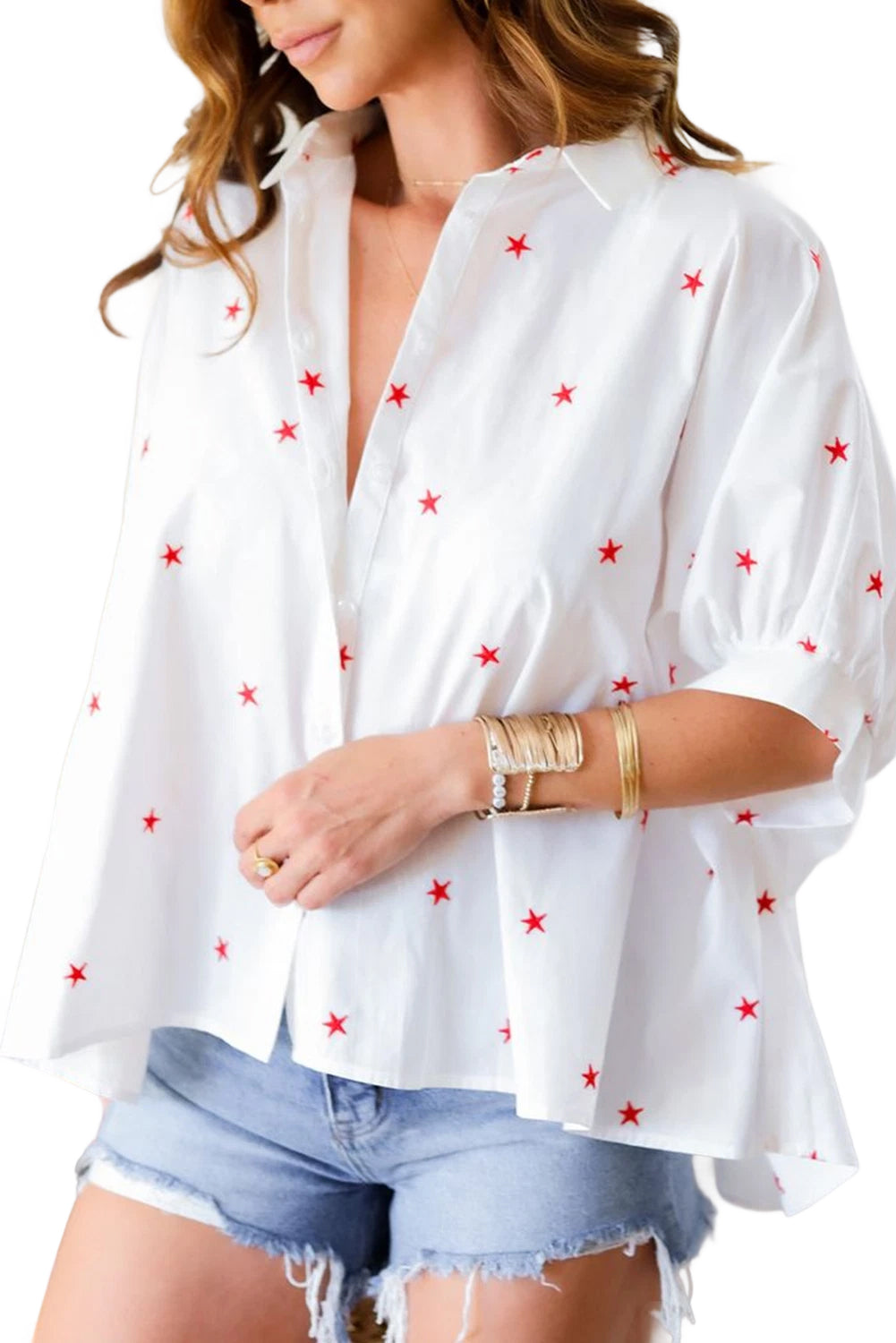 White Stars Half Puff Sleeve Loose Shirt - The Fair Lady Shop