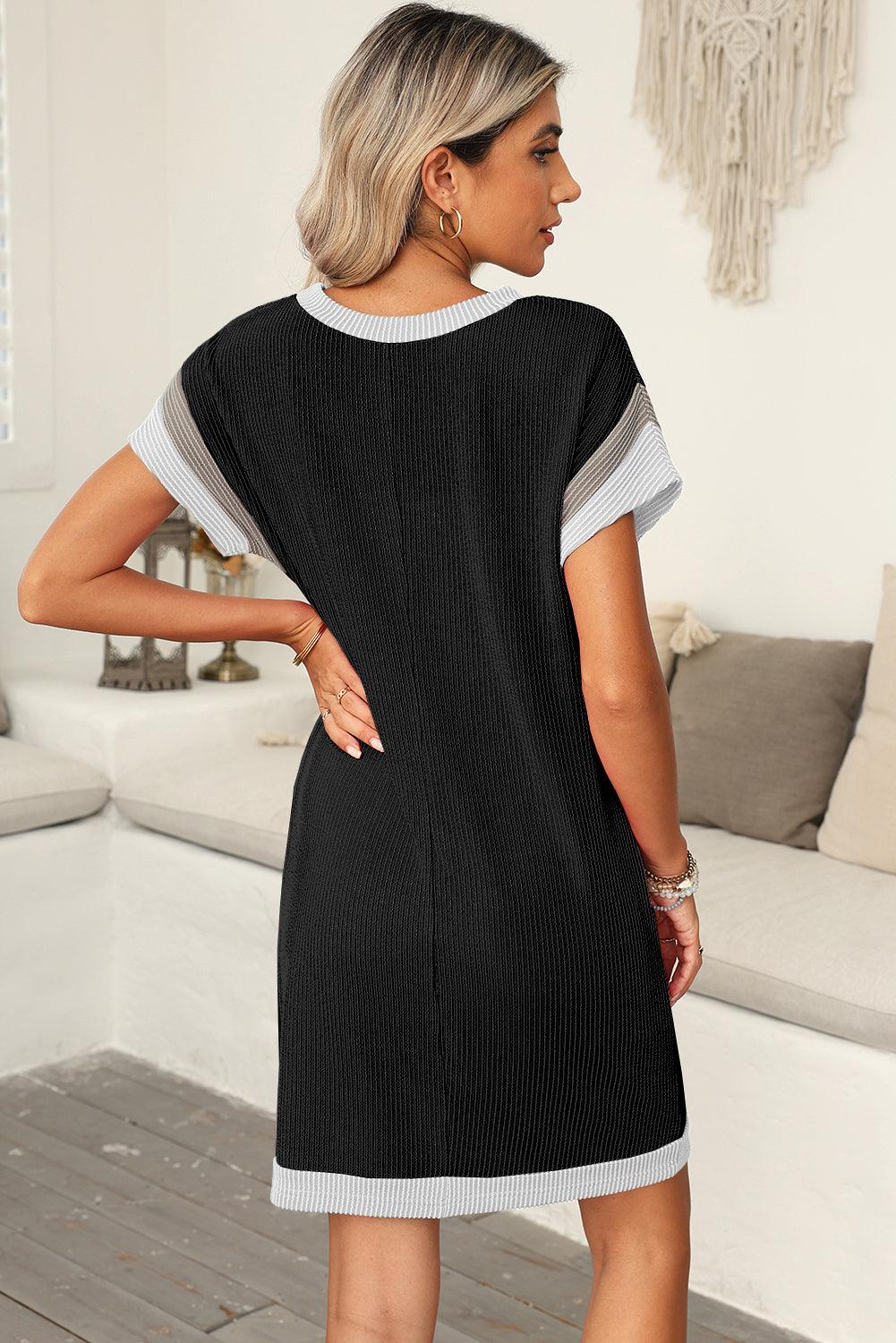 Light French Beige Rib Textured Colorblock Pocket T Shirt Dress - The Fair Lady Shop