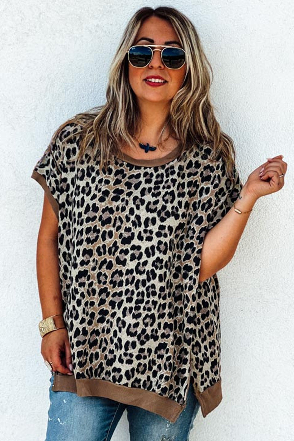 Khaki Leopard Contrast Trim Short Sleeve Loose Plus Size Top - The Fair Lady Shop