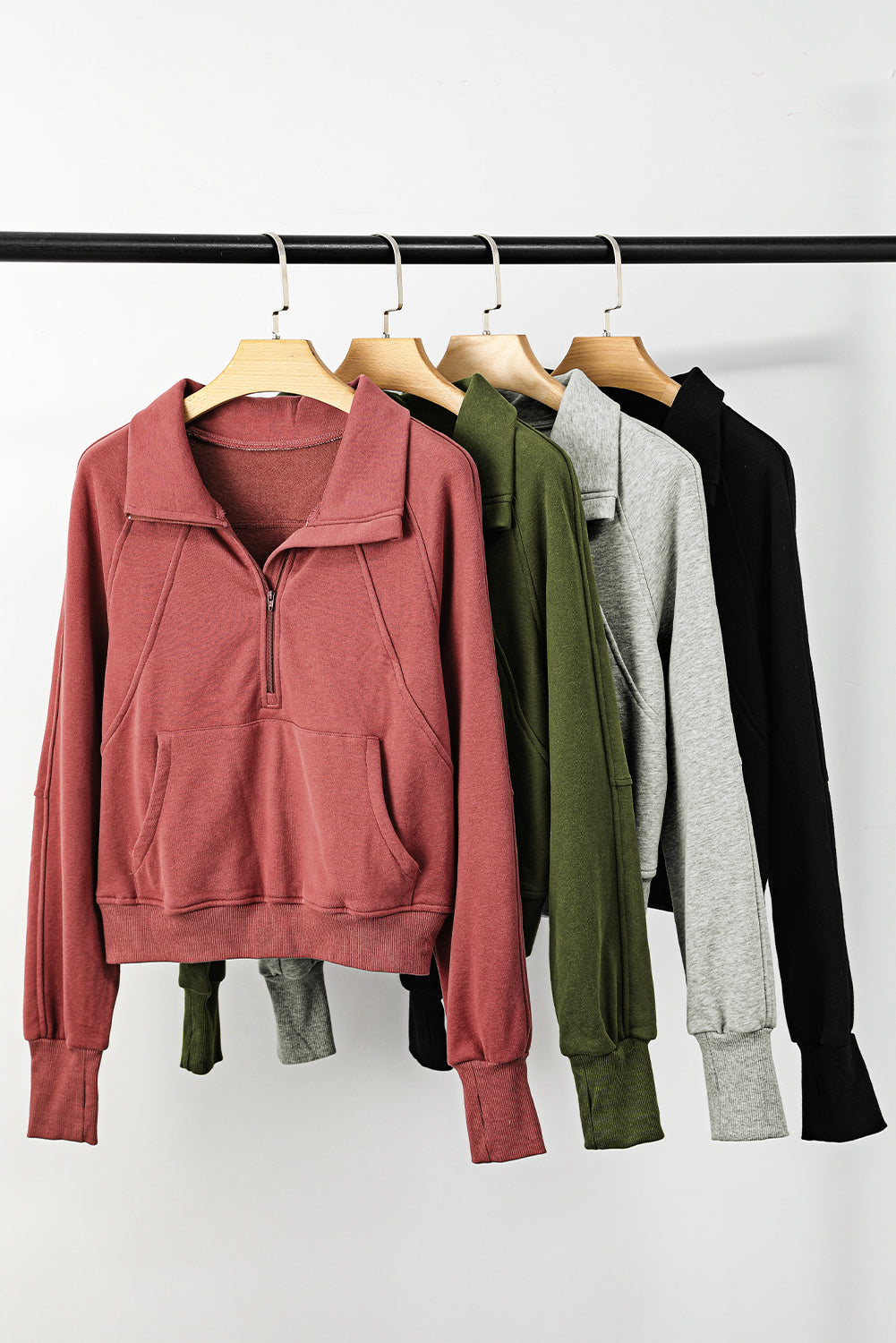 Gray Zip Up Stand Collar Ribbed Thumbhole Sleeve Sweatshirt - The Fair Lady Shop