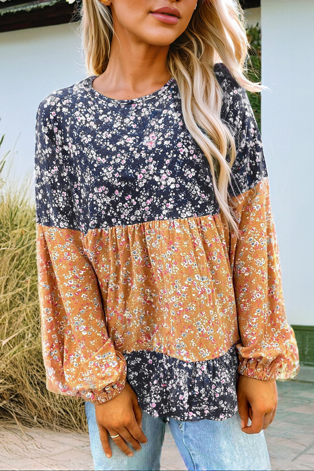 Blue Ditsy Floral Color Block Ruffle Hem Long Sleeve Top - The Fair Lady Shop