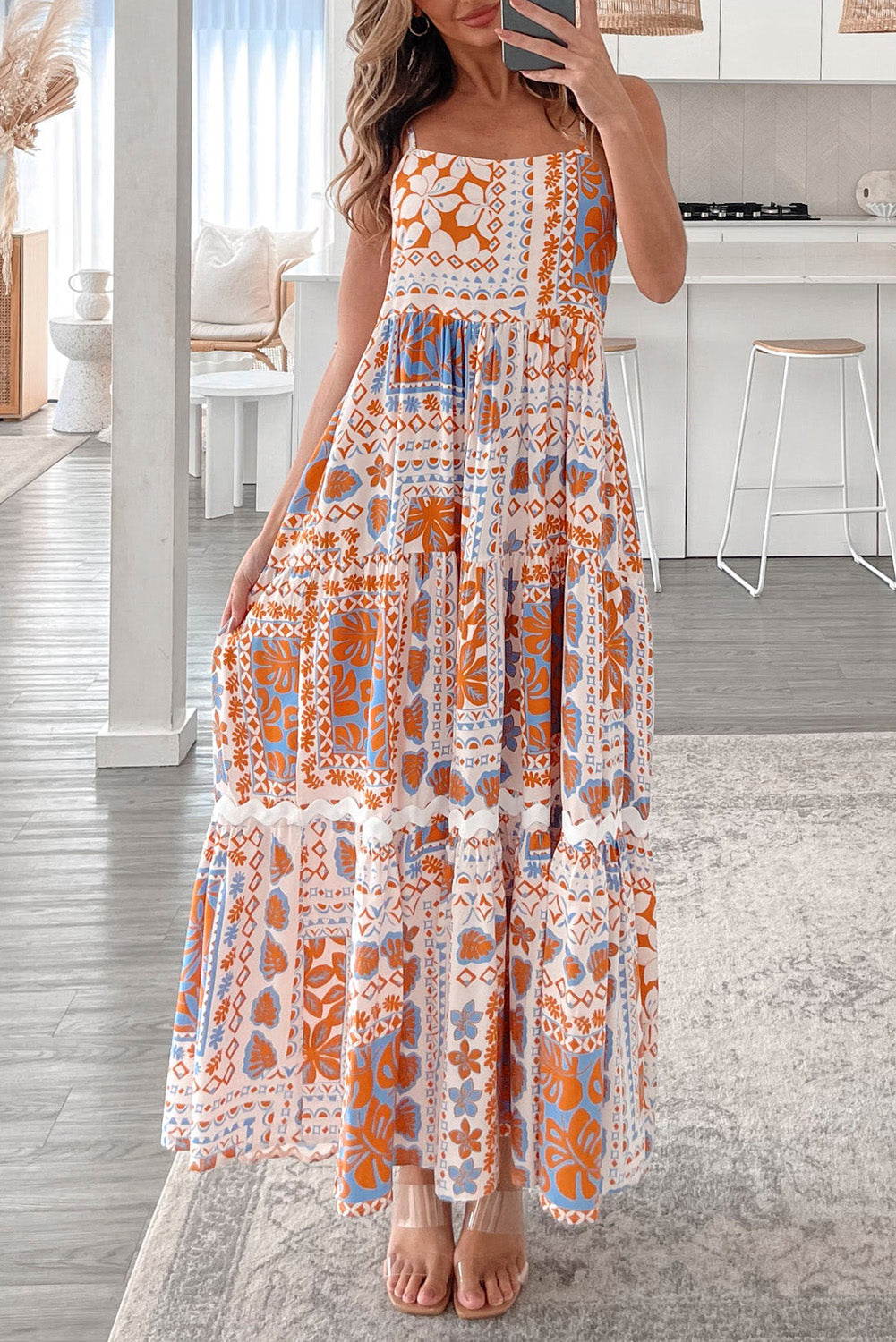 Orange Floral Print Ricrac Trim Spaghetti Straps Maxi Dress - The Fair Lady Shop