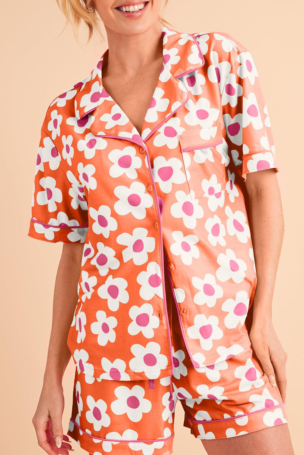 Green Flower Print Buttoned Shirt and Drawstring Waist Pajama Set - The Fair Lady Shop