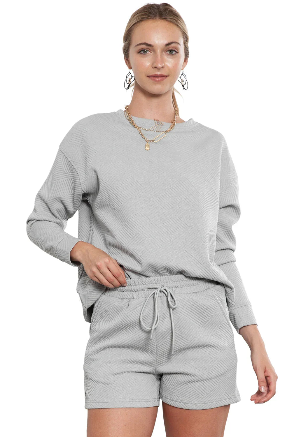Gray Textured Long Sleeve Top & Drawstring Shorts Set - The Fair Lady Shop