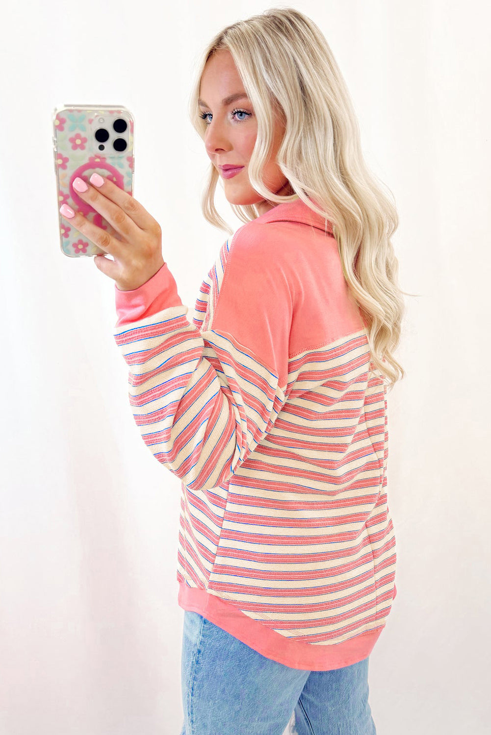 Pink Stripe Collared V Neck Drop Shoulder Top - The Fair Lady Shop