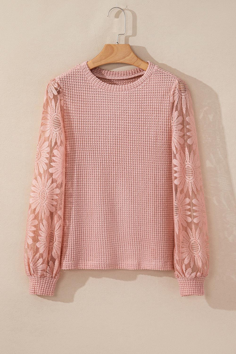 Peach Blossom Sunflower Lace Long Sleeve Waffle Knit Top - The Fair Lady Shop