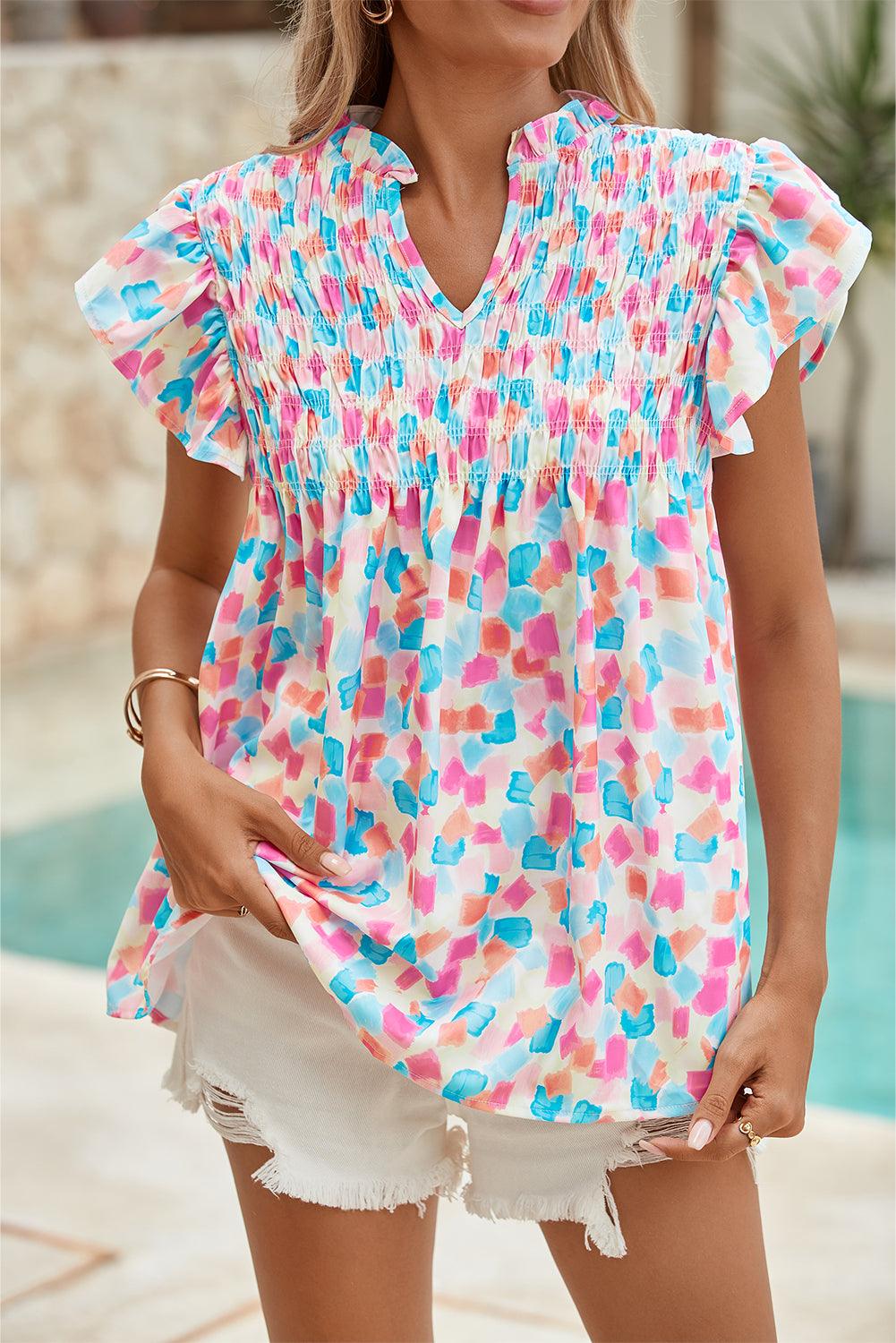 Pink Shirred Yoke Ruffle Abstract Blouse - The Fair Lady Shop