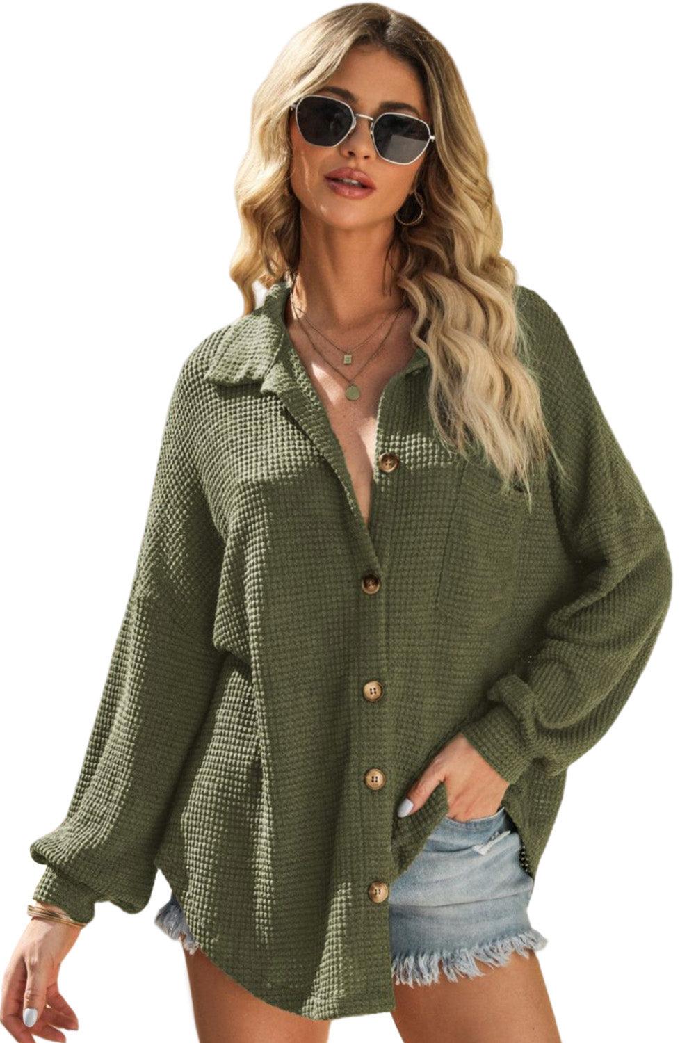 Khaki Waffle Knit Pocket Button Front Shacket - The Fair Lady Shop