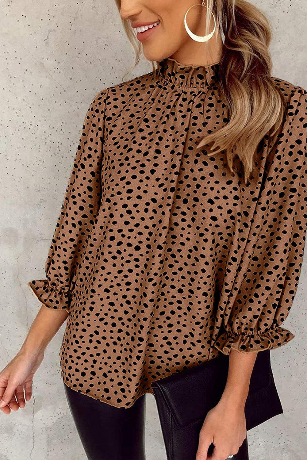 Brown Leopard Print Frill Neck 3/4 Sleeves Blouse - The Fair Lady Shop