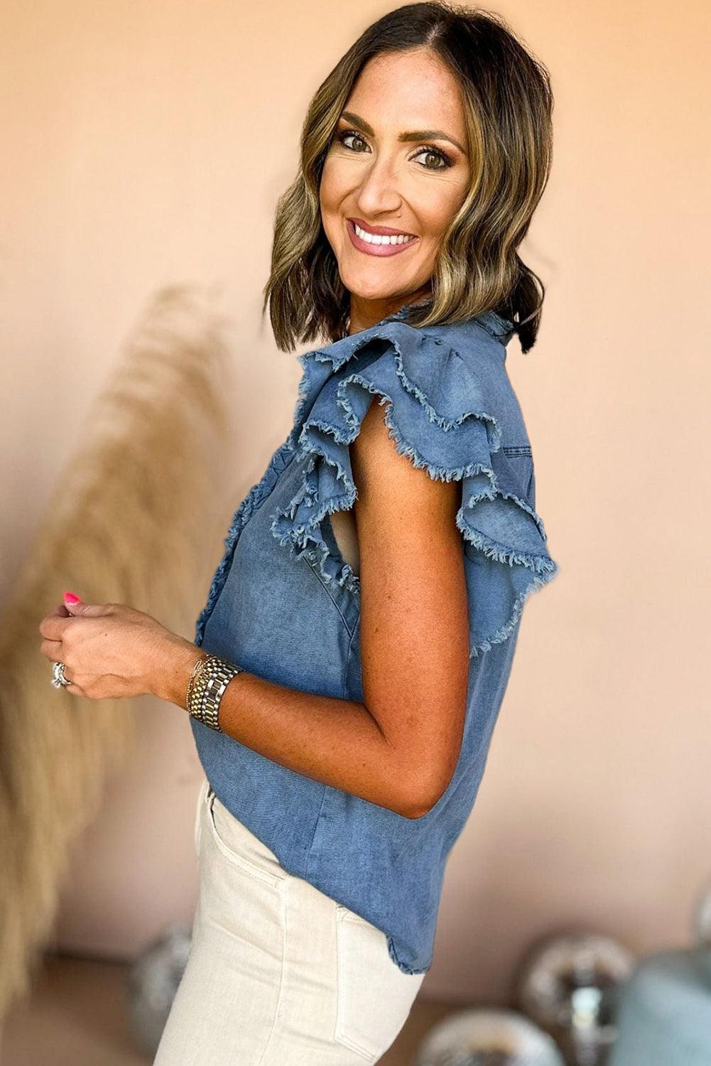 Ashleigh Blue Button Front Ruffled Flutter Frayed Denim Top - The Fair Lady Shop