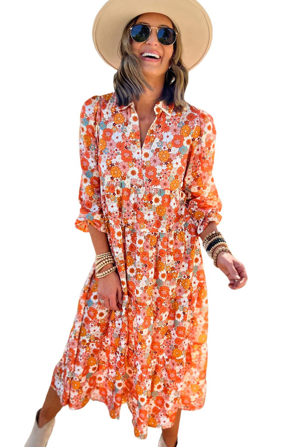 Multicolor Boho Floral Collared Long Sleeve Dress - The Fair Lady Shop