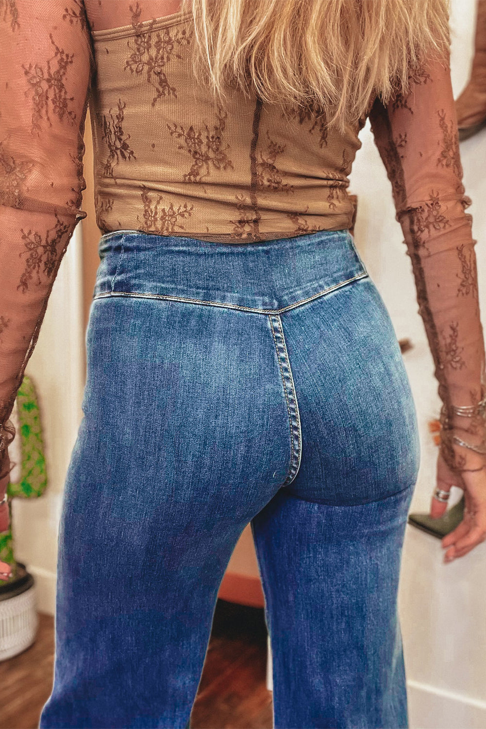Sail Blue High Waist Button Raw Hem Jeans - The Fair Lady Shop