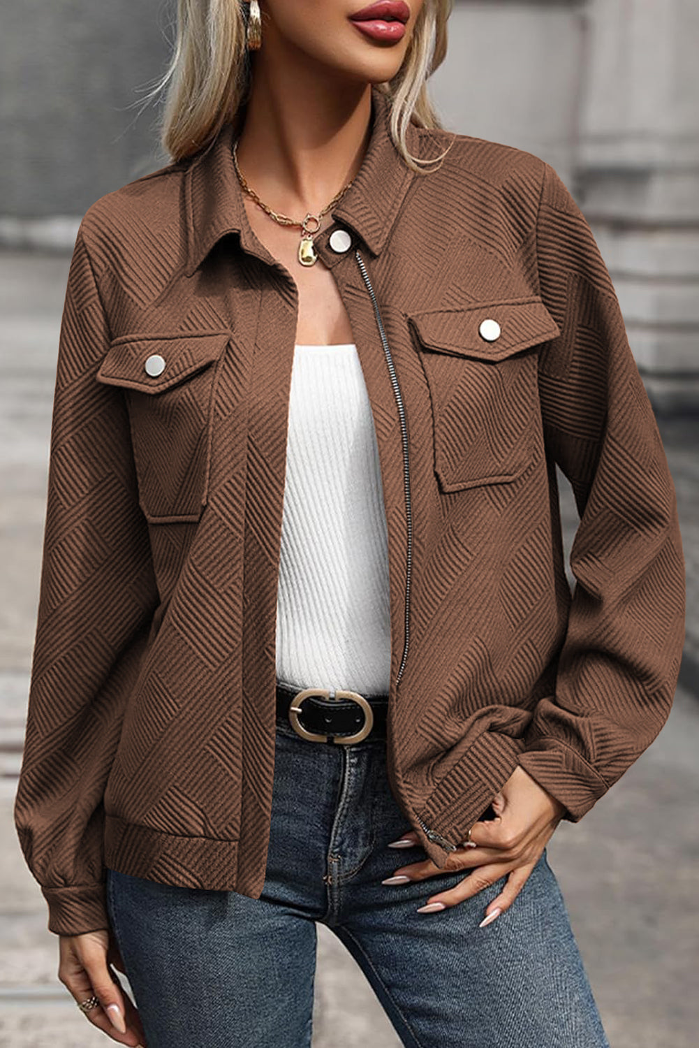 Coffee Solid Color Zip Up Button Flap Pocket Shirt Collar Jackets