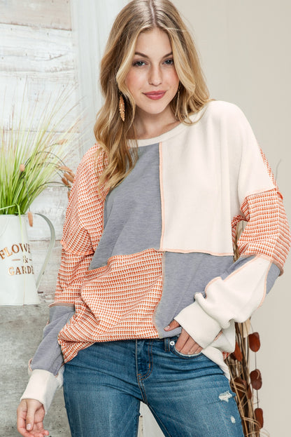 Multicolor Exposed Seam Color Block Pullover Long Sleeve Top - The Fair Lady Shop