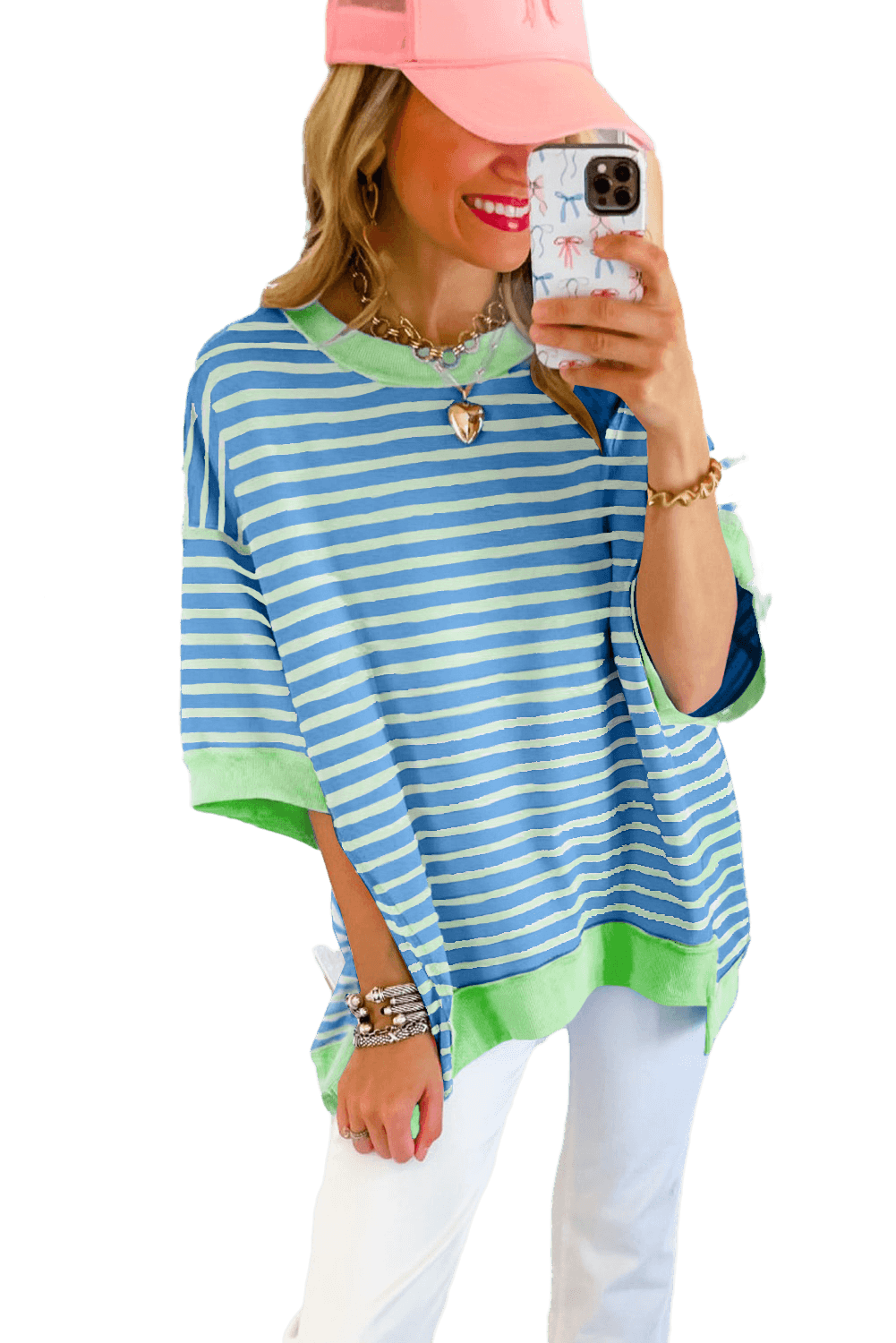 Pink Stripe Colorblock Drop Sleeve Oversized T Shirt - The Fair Lady Shop