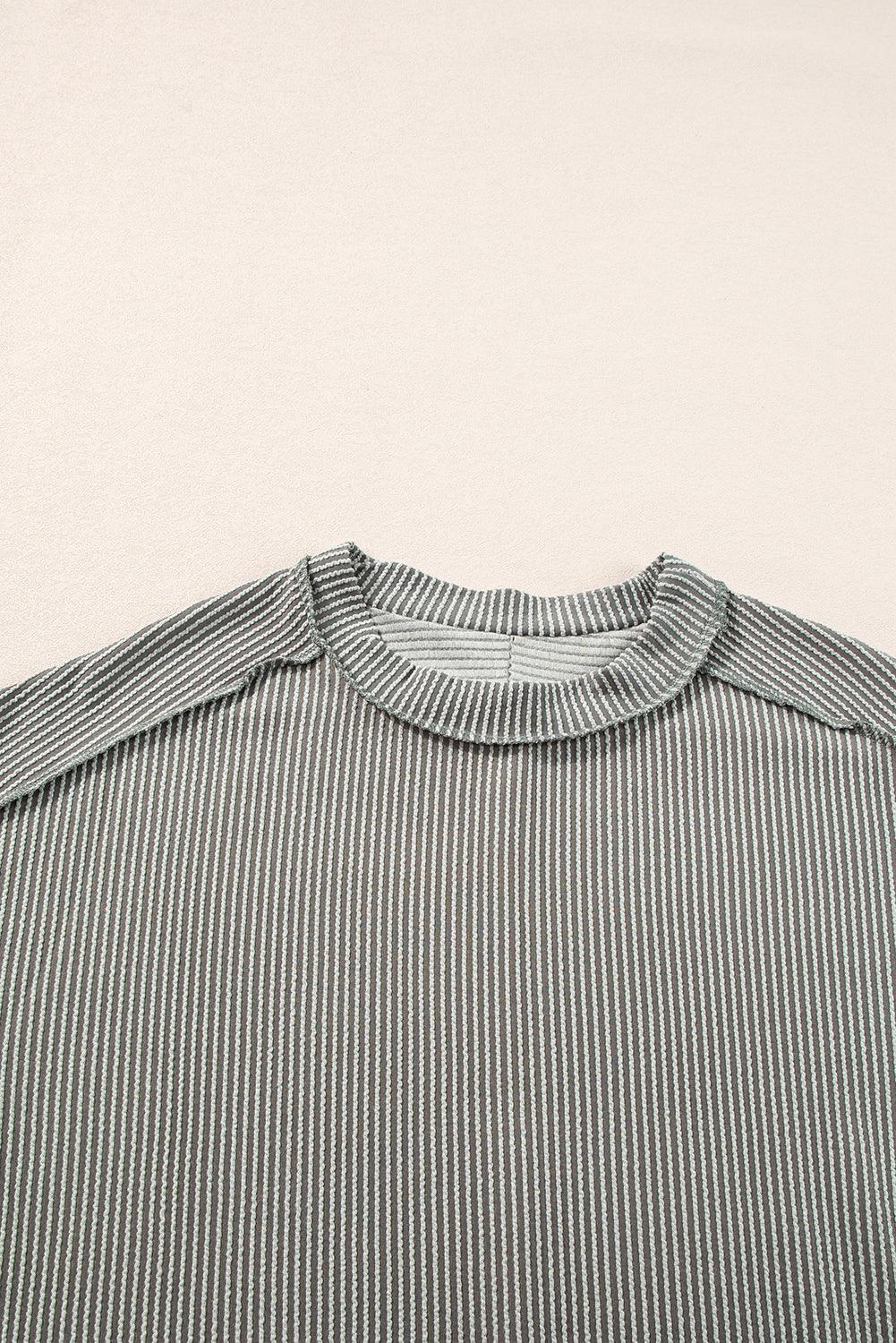 Medium Grey Ribbed Knit Exposed Seam Round Neck T-shirt - The Fair Lady Shop