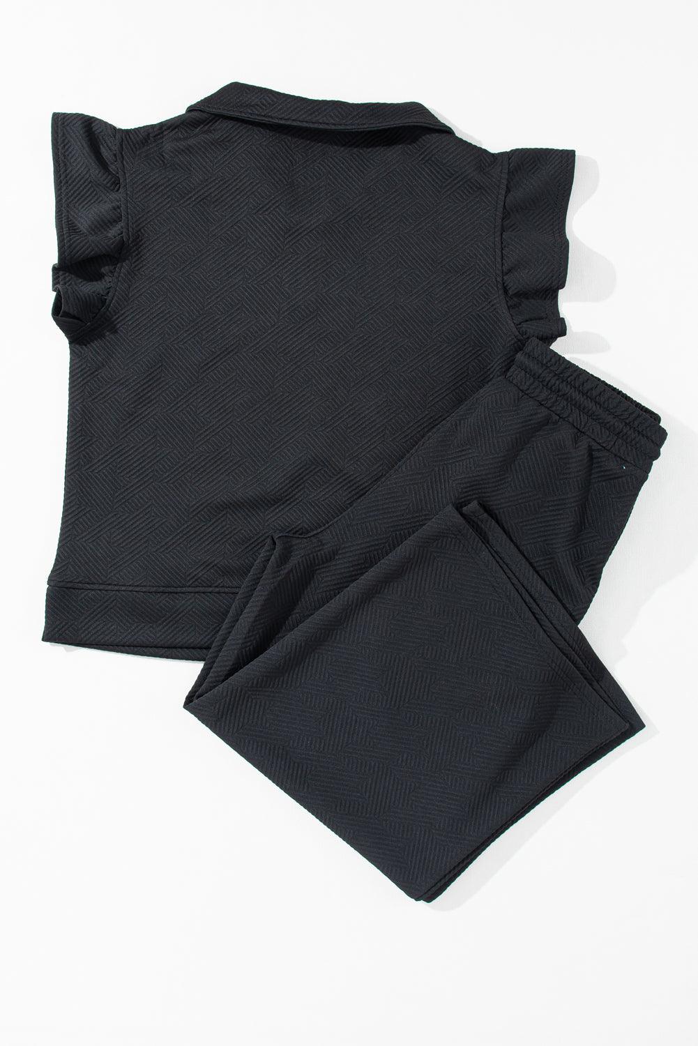 Black Textured Ruffle Cap Sleeve Top and Wide Leg Pants Set - The Fair Lady Shop