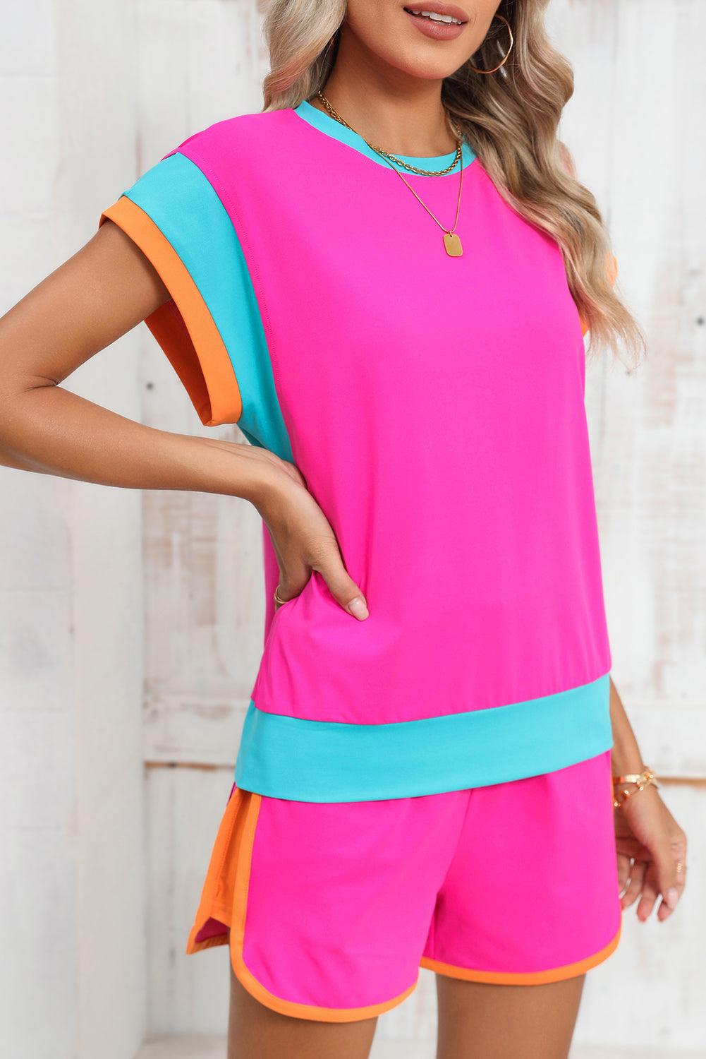 Peach Blossom Color Block Loose Fit Top & Elastic Waist Shorts Set - The Fair Lady Shop
