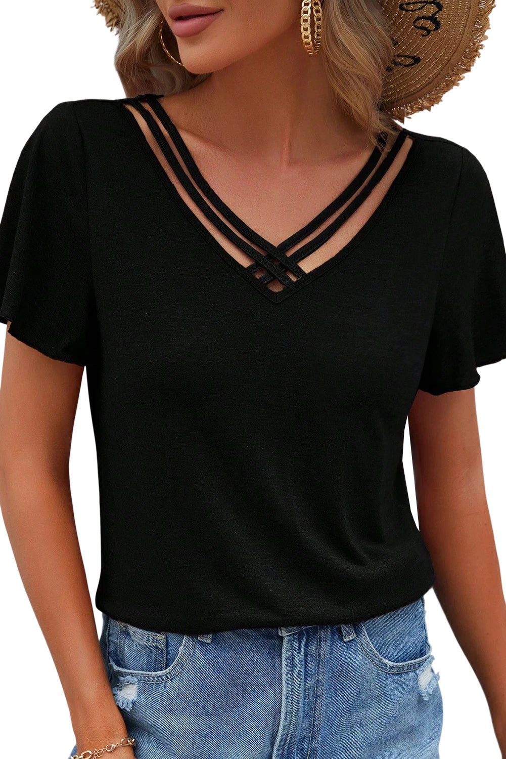 Black Crisscross V Neck Flutter Sleeve T Shirt - The Fair Lady Shop