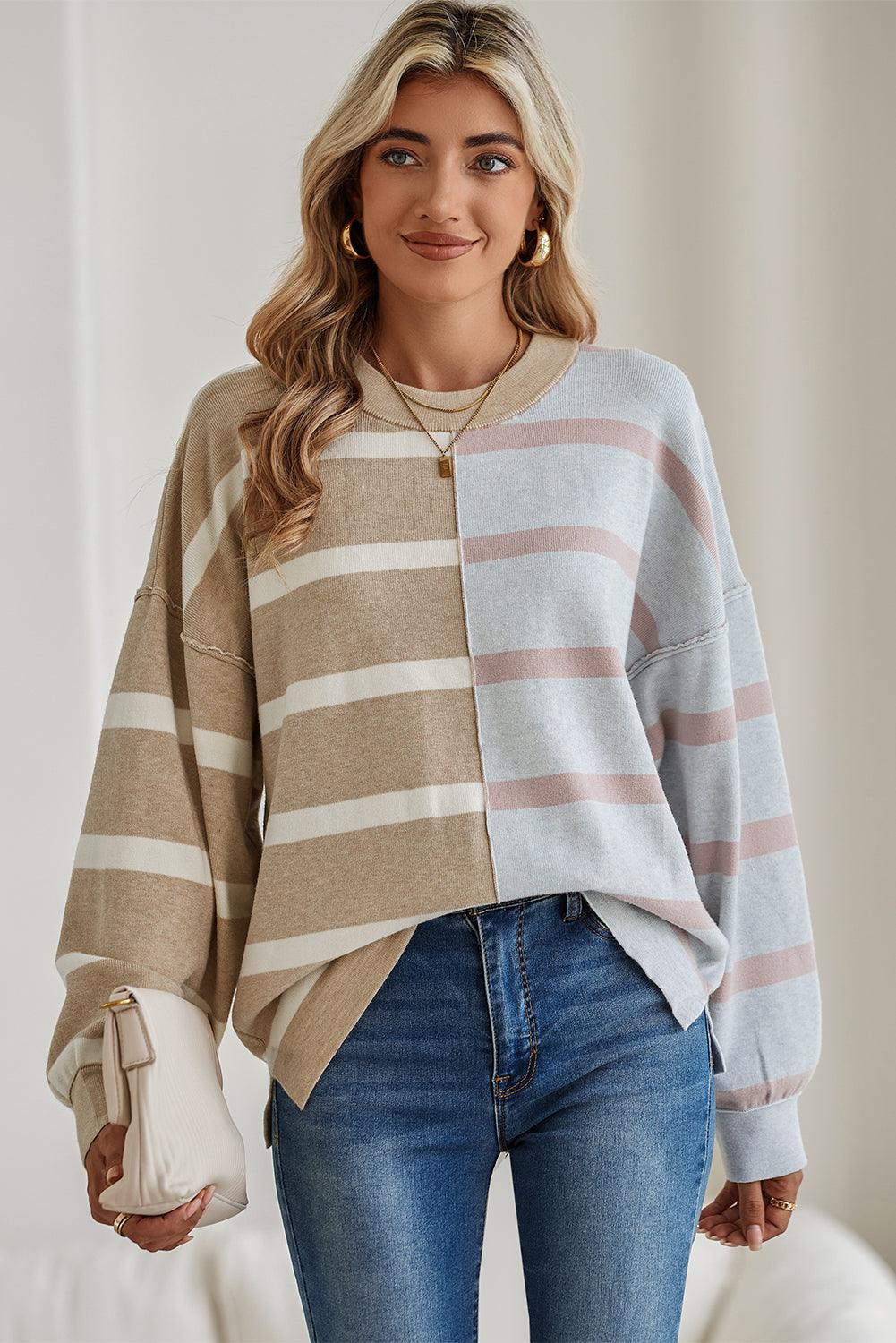 Khaki Stripe Exposed Seam Patchwork Loose Sweatshirts - The Fair Lady Shop