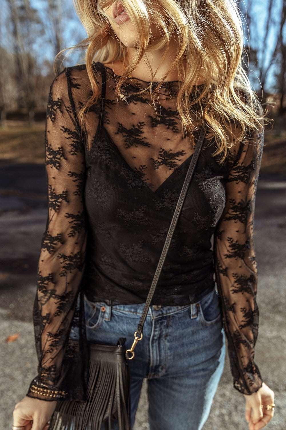 Apricot Mesh Crochet Patchwork Slim Fit Long Sleeve Blouse - The Fair Lady Shop