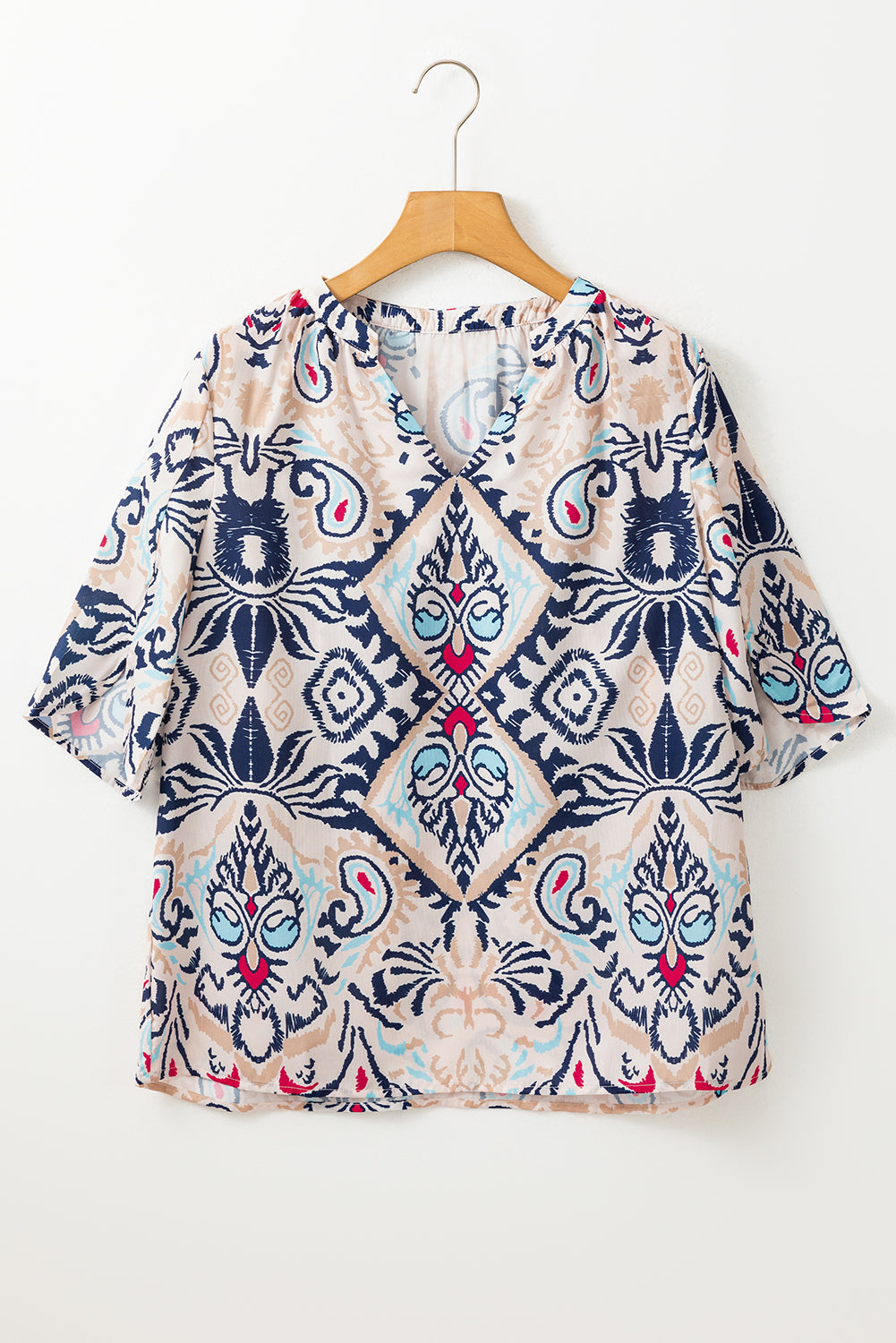 White Abstract Print V-Neck Half Tulip Sleeve Blouse - The Fair Lady Shop