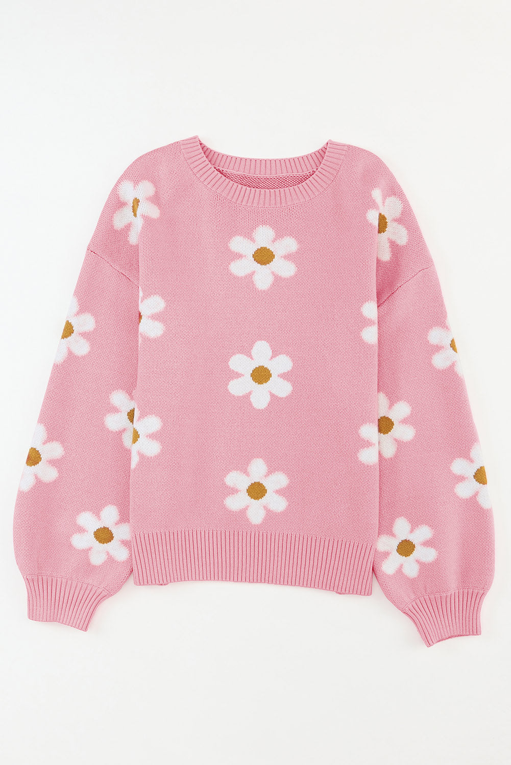 Pink 60s Floral Pattern Drop Shoulder Pullover Knit Sweater - The Fair Lady Shop
