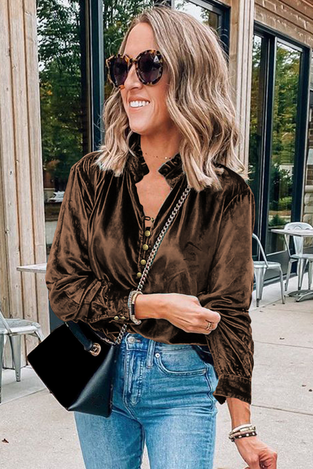 Desert Palm Frilled Neck Buttoned Front Velvet Top - The Fair Lady Shop