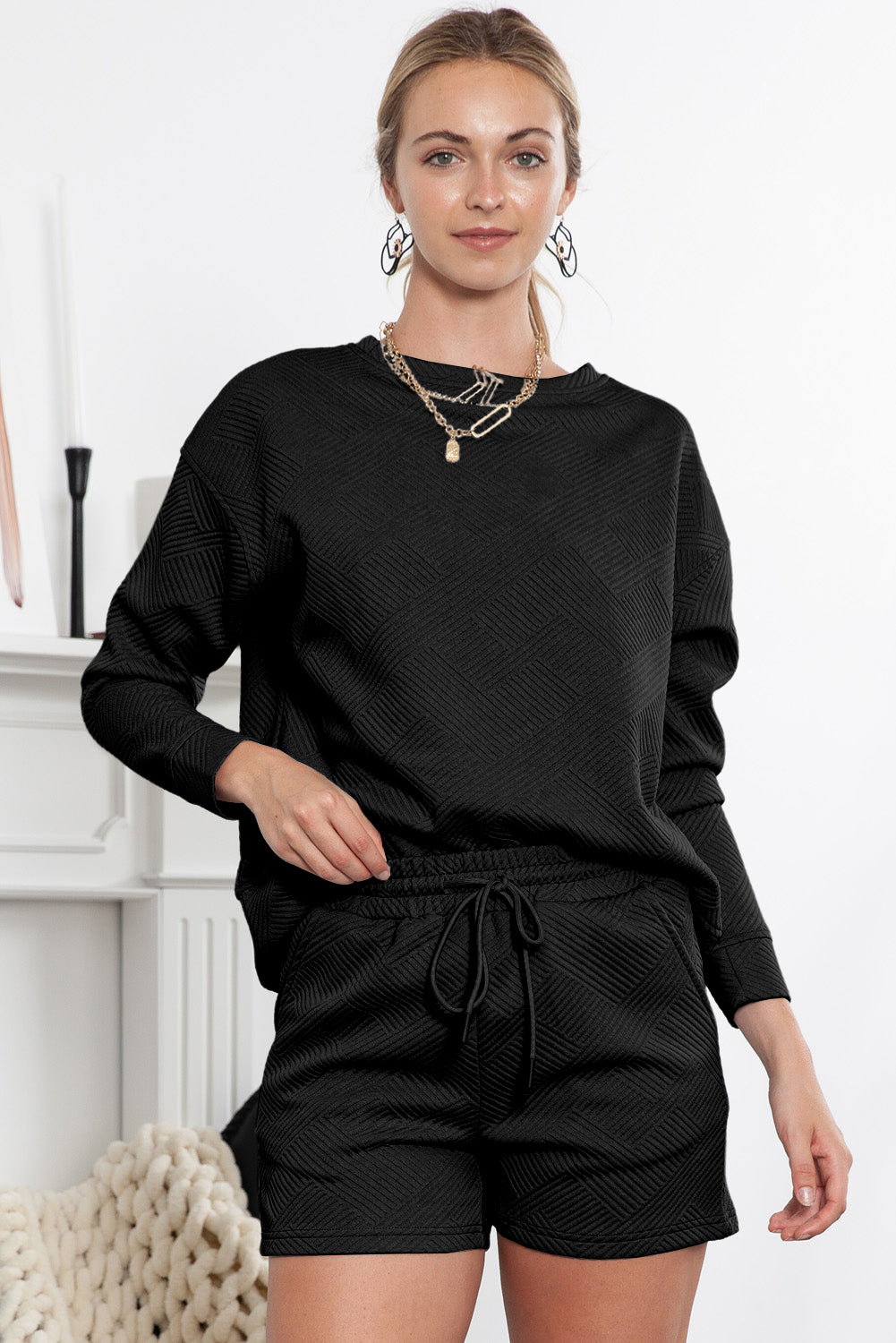 Black Textured Long Sleeve Top & Drawstring Shorts Set - The Fair Lady Shop