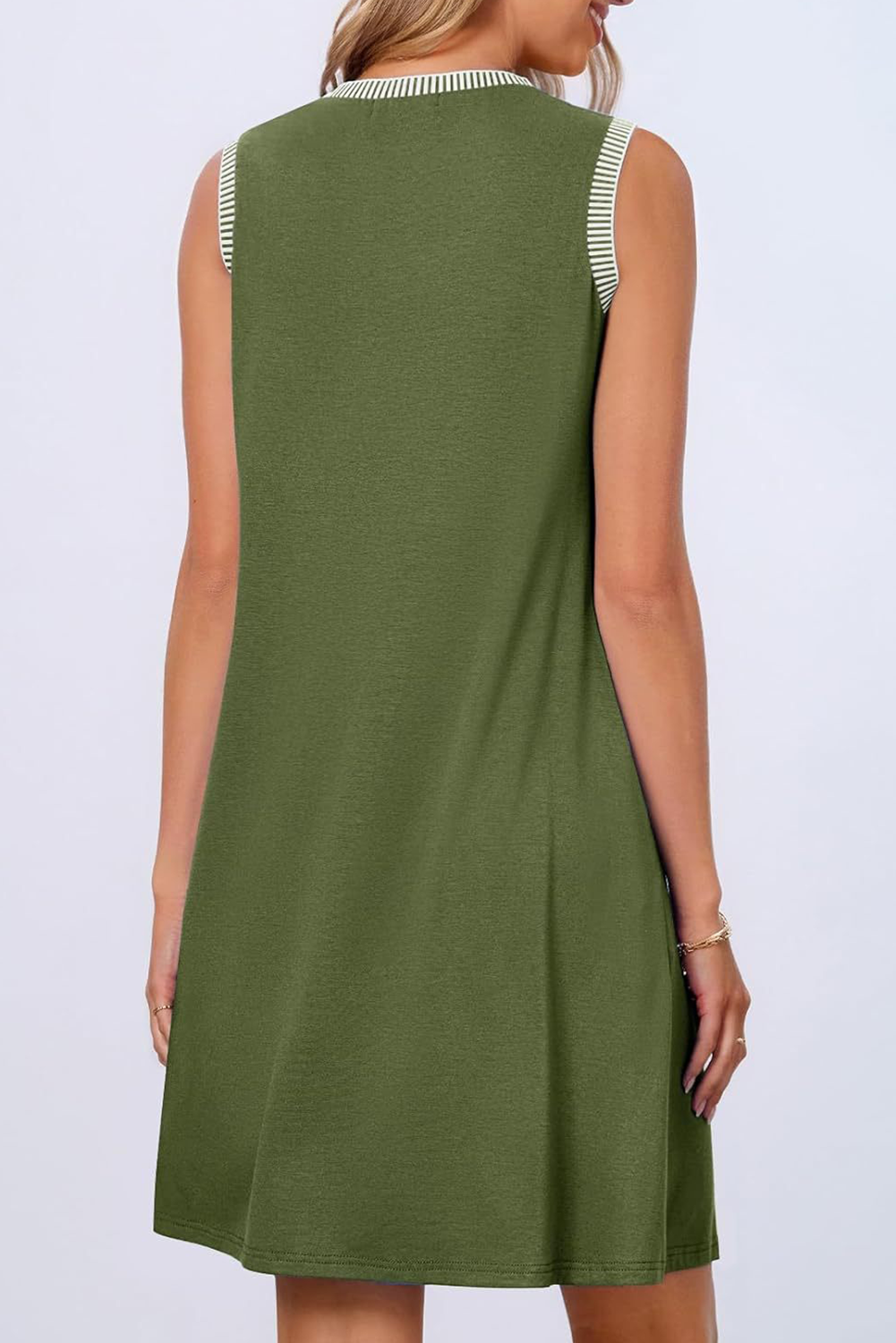 Vineyard Green Contrast Trim Casual Sleeveless Mini Dress - The Fair Lady Shop