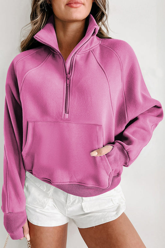 Bonbon Zip Up Stand Collar Ribbed Thumbhole Sleeve Sweatshirt - The Fair Lady Shop