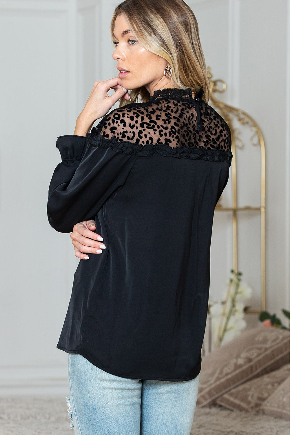 Black Leopard Sheer Splicing Lace Neck Ruffle Blouse - The Fair Lady Shop