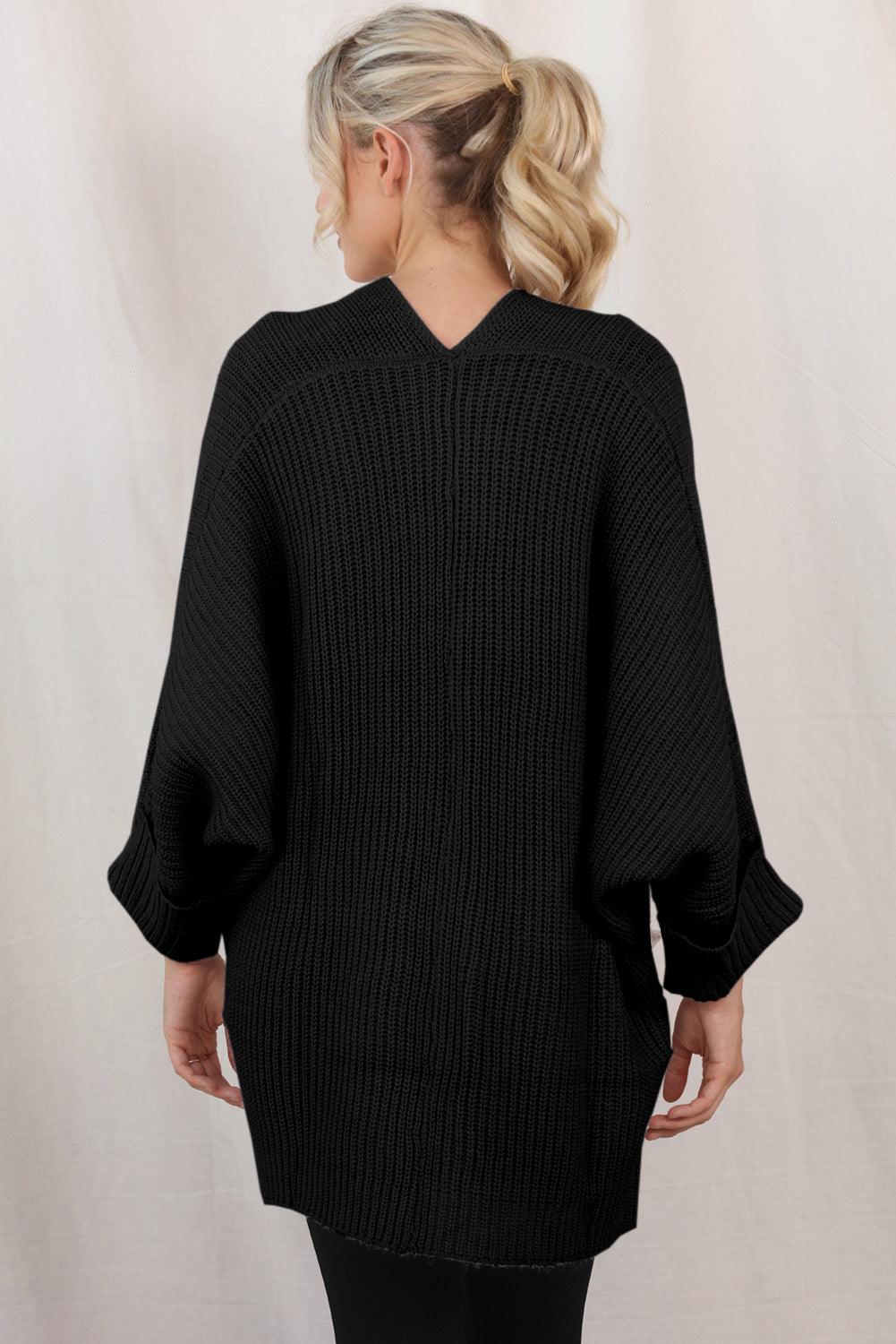 Black Batwing Sleeve Pocket Oversized Cable Knit Cardigan - The Fair Lady Shop