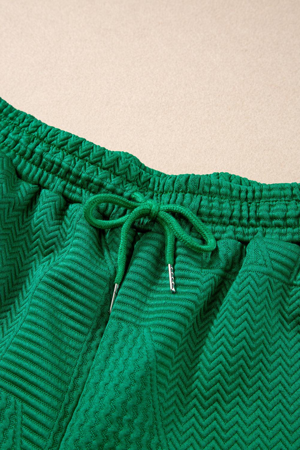 Dark Green Textured Ruffle Split Top and Drawstring Shorts Set - The Fair Lady Shop