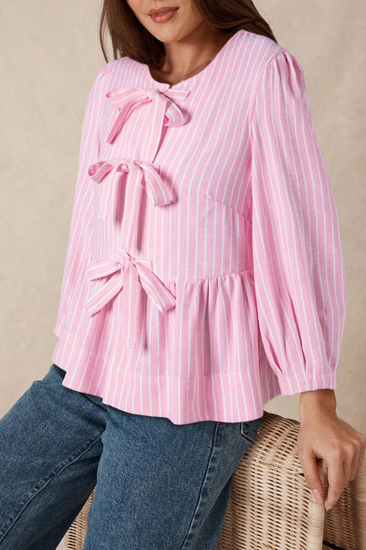 Pink Striped Print Sweet Bow Tie Blouse - The Fair Lady Shop