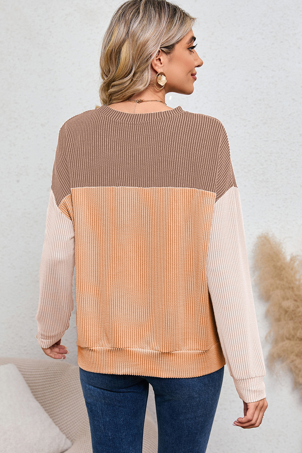 Khaki Color Block Ribbed Loose Long Sleeve Top - The Fair Lady Shop