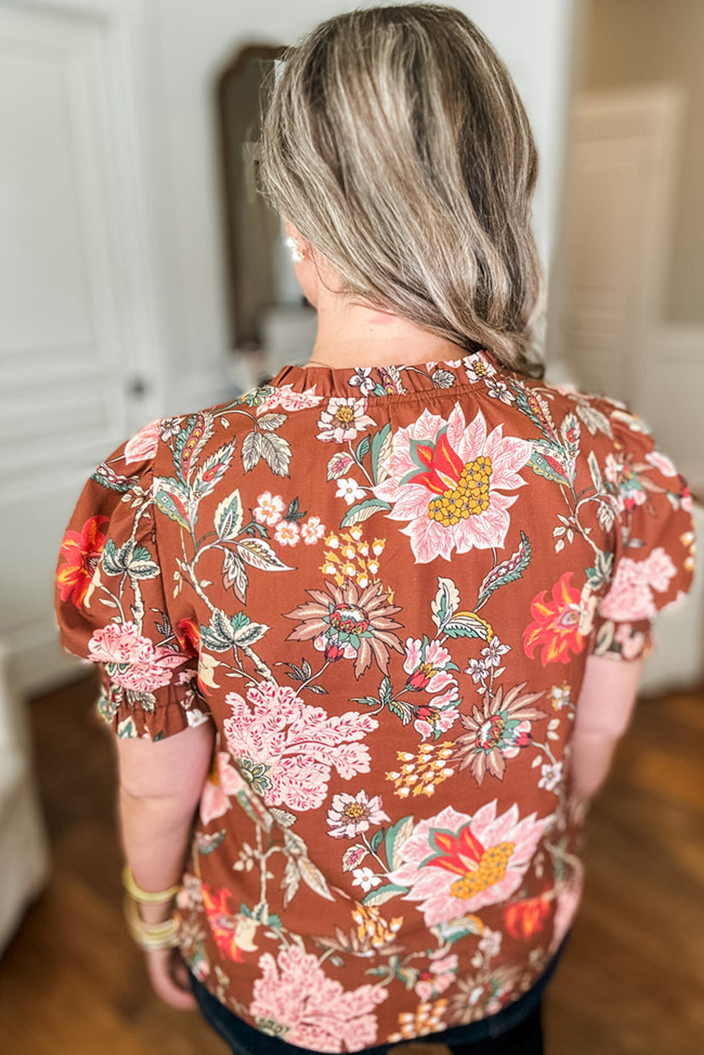 Brown Floral Frill Trim Plus Size Puff Sleeve Blouse - The Fair Lady Shop