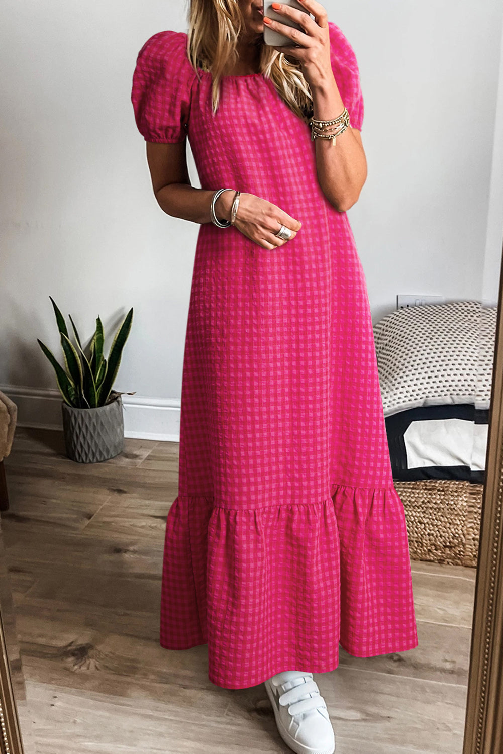 Rose Plaid Square Neck Puff Sleeve Maxi Dress - The Fair Lady Shop
