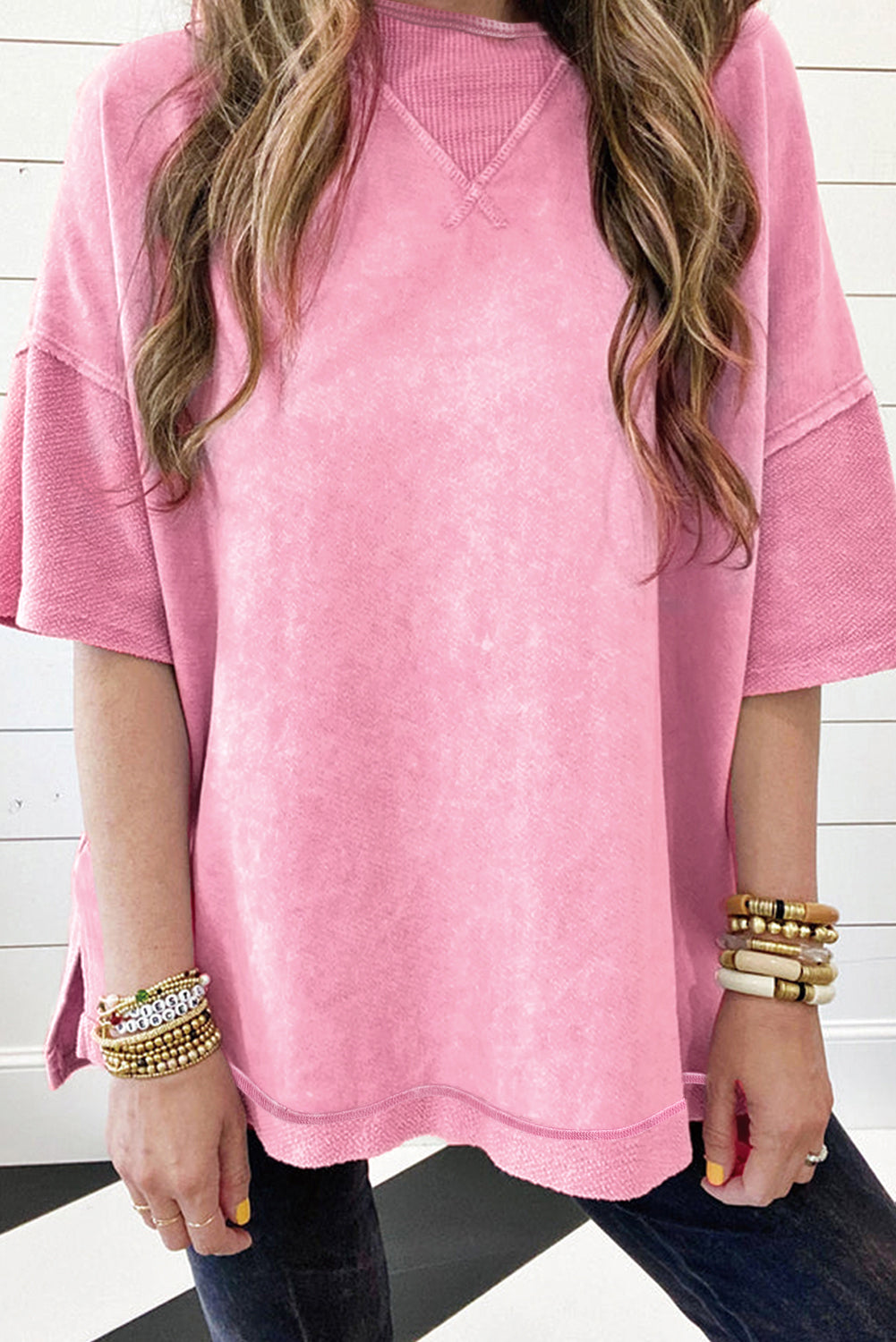 Strawberry Pink Mineral Wash Exposed Seam Drop Shoulder Oversized Tee - The Fair Lady Shop