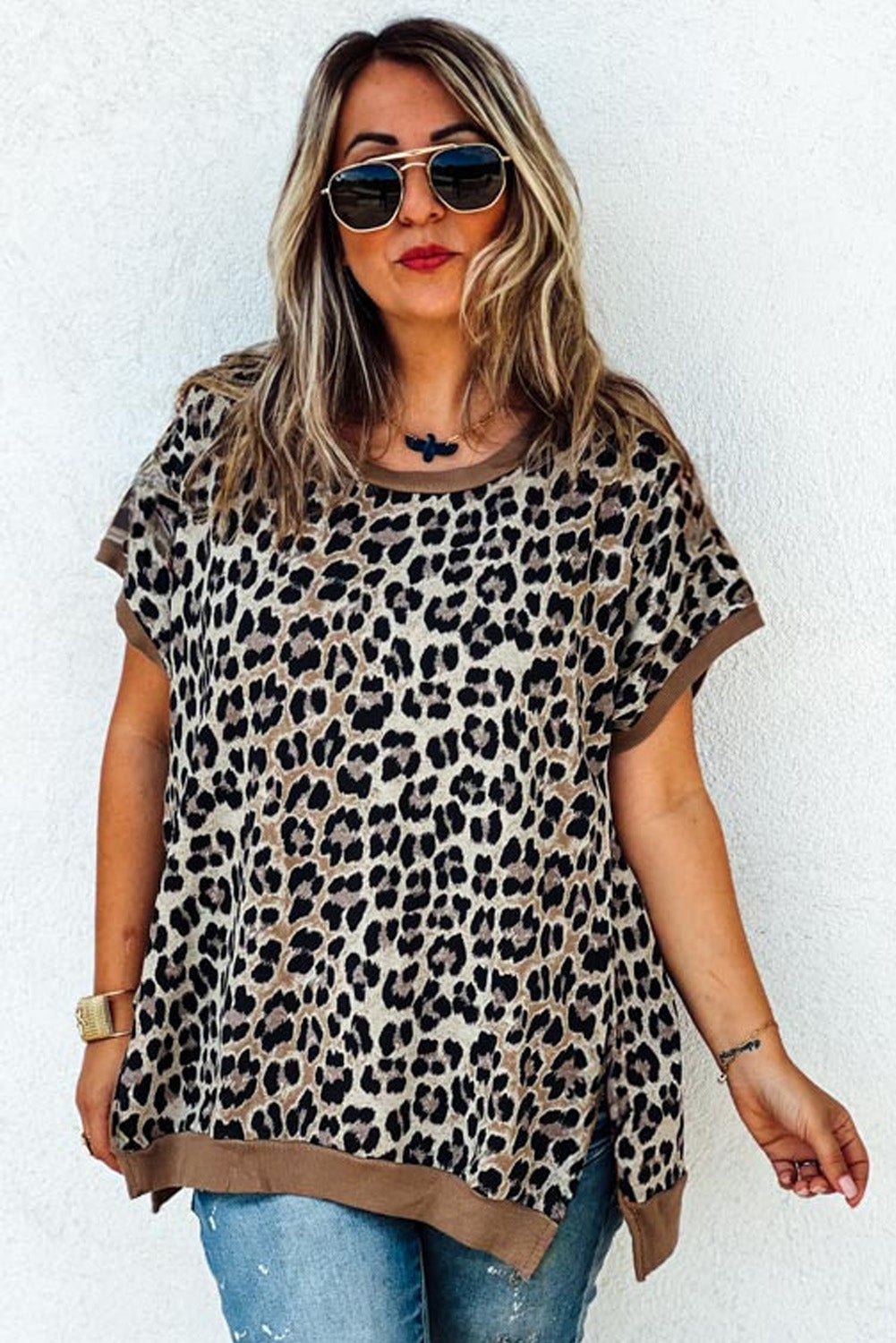 Khaki Leopard Contrast Trim Short Sleeve Loose Plus Size Top - The Fair Lady Shop