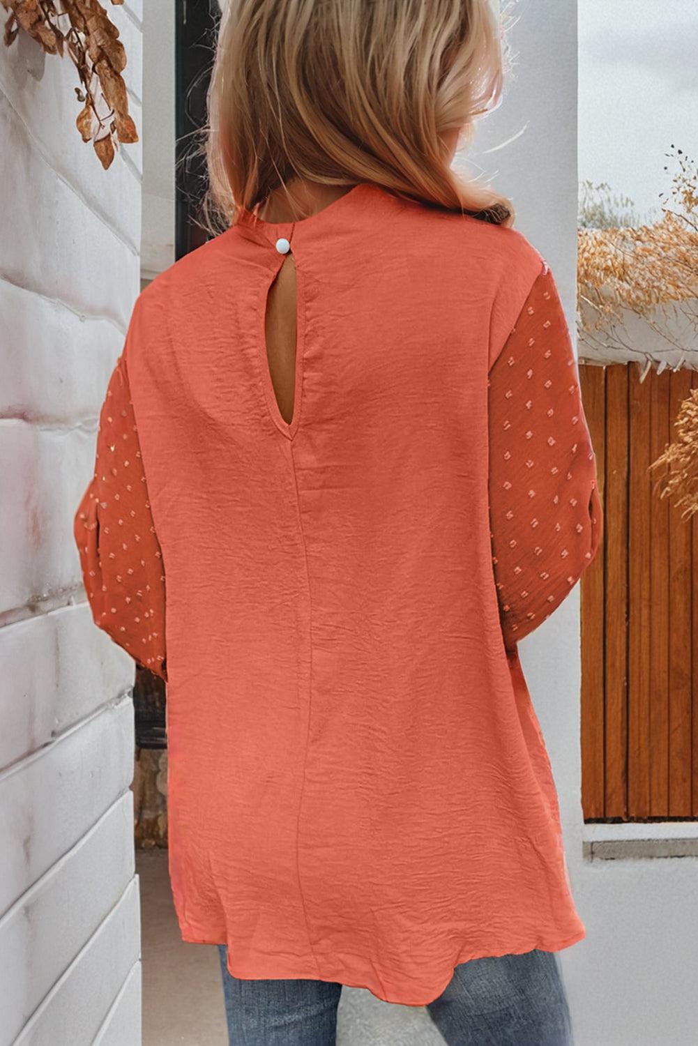 Russet Orange Swiss Dot Balloon Sleeve Patchwork Crinkle Blouse - The Fair Lady Shop