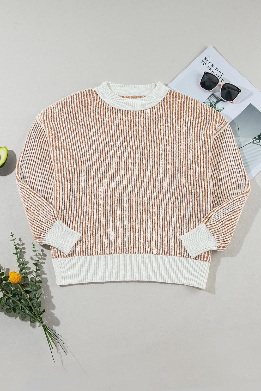 Chestnut Striped Contrast Trim Loose Sweater - The Fair Lady Shop