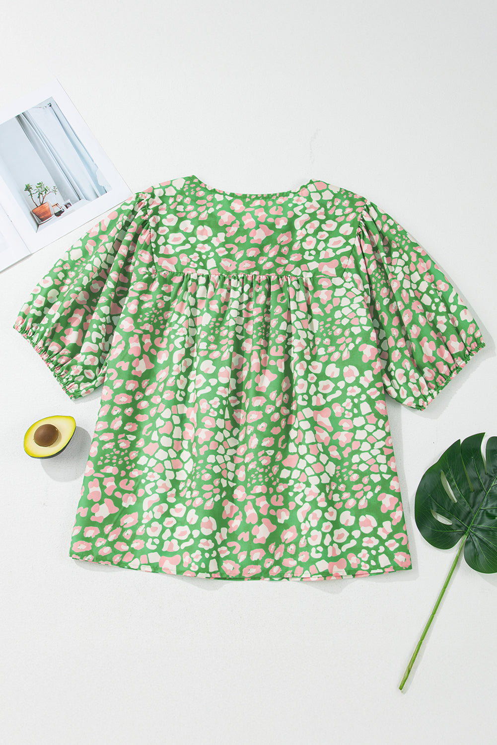 Green Plus Size Leopard Tassel Tie Split Neck Puff Sleeve Blouse - The Fair Lady Shop