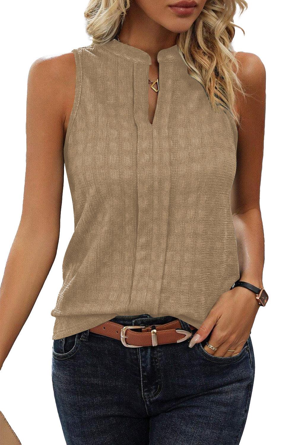 Light Beige Textured Split V Neck Sleeveless Shirt - The Fair Lady Shop