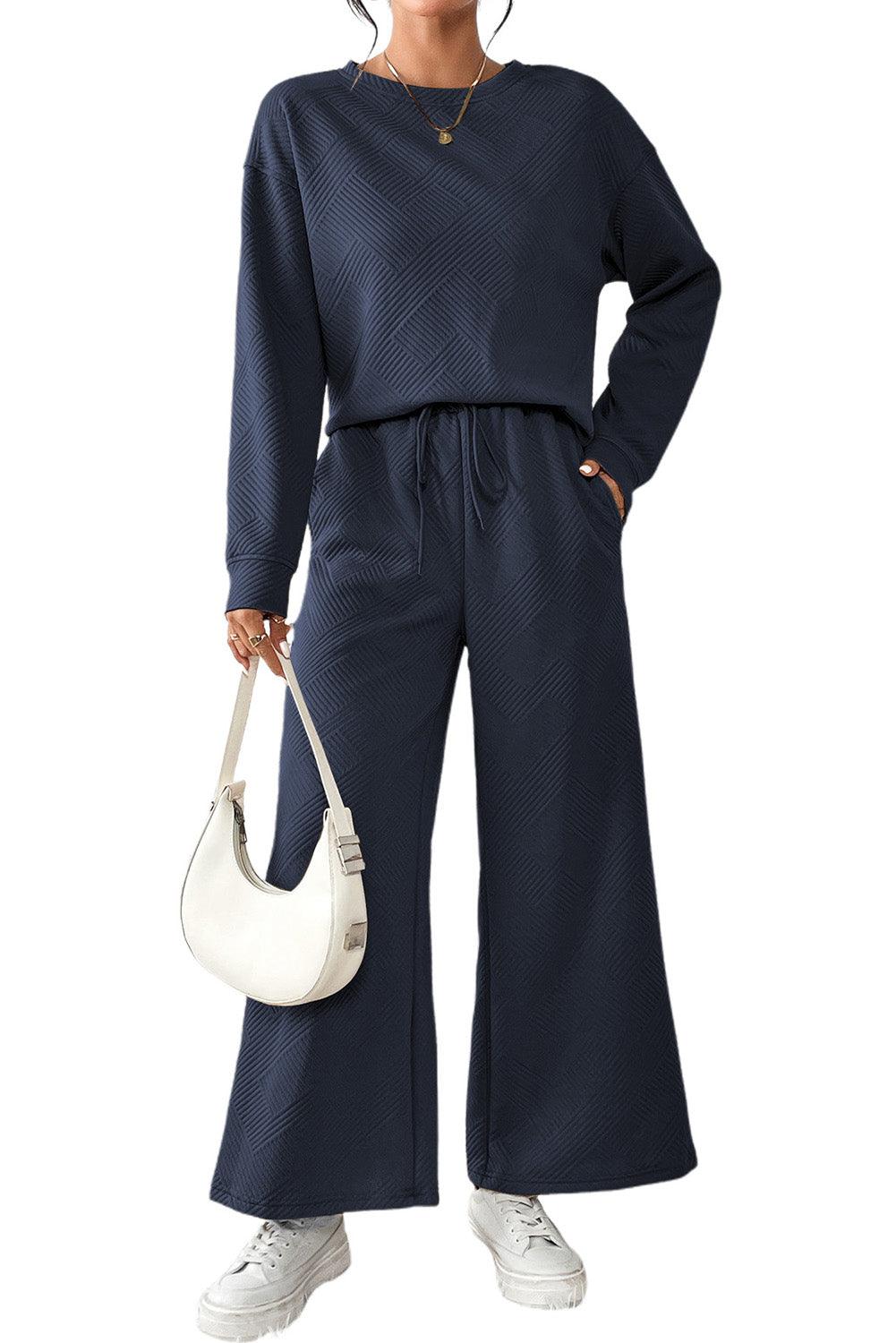 Dark Brown Textured Loose Slouchy Long Sleeve Top and Pants Set - The Fair Lady Shop