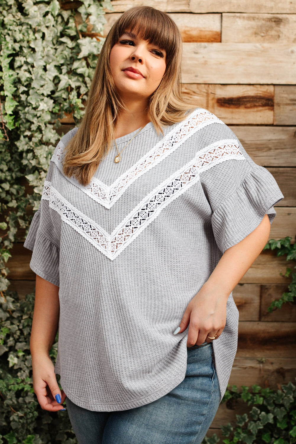 Light Grey Lace Patchwork Ruffle Sleeve Waffle Plus Size Top - The Fair Lady Shop