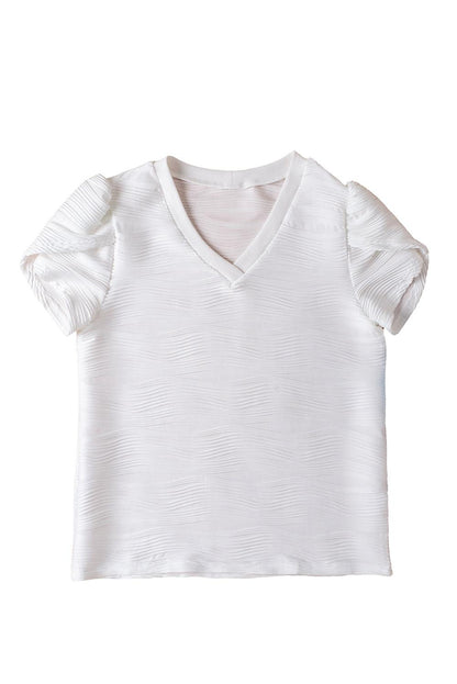 White Textured V-Neck Short Tulip Sleeve T Shirt - The Fair Lady Shop