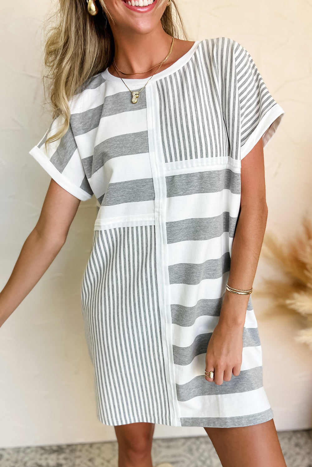 Gray Stripe Mixed Printed Short Sleeve Shift Mini T Shirt Dress - The Fair Lady Shop