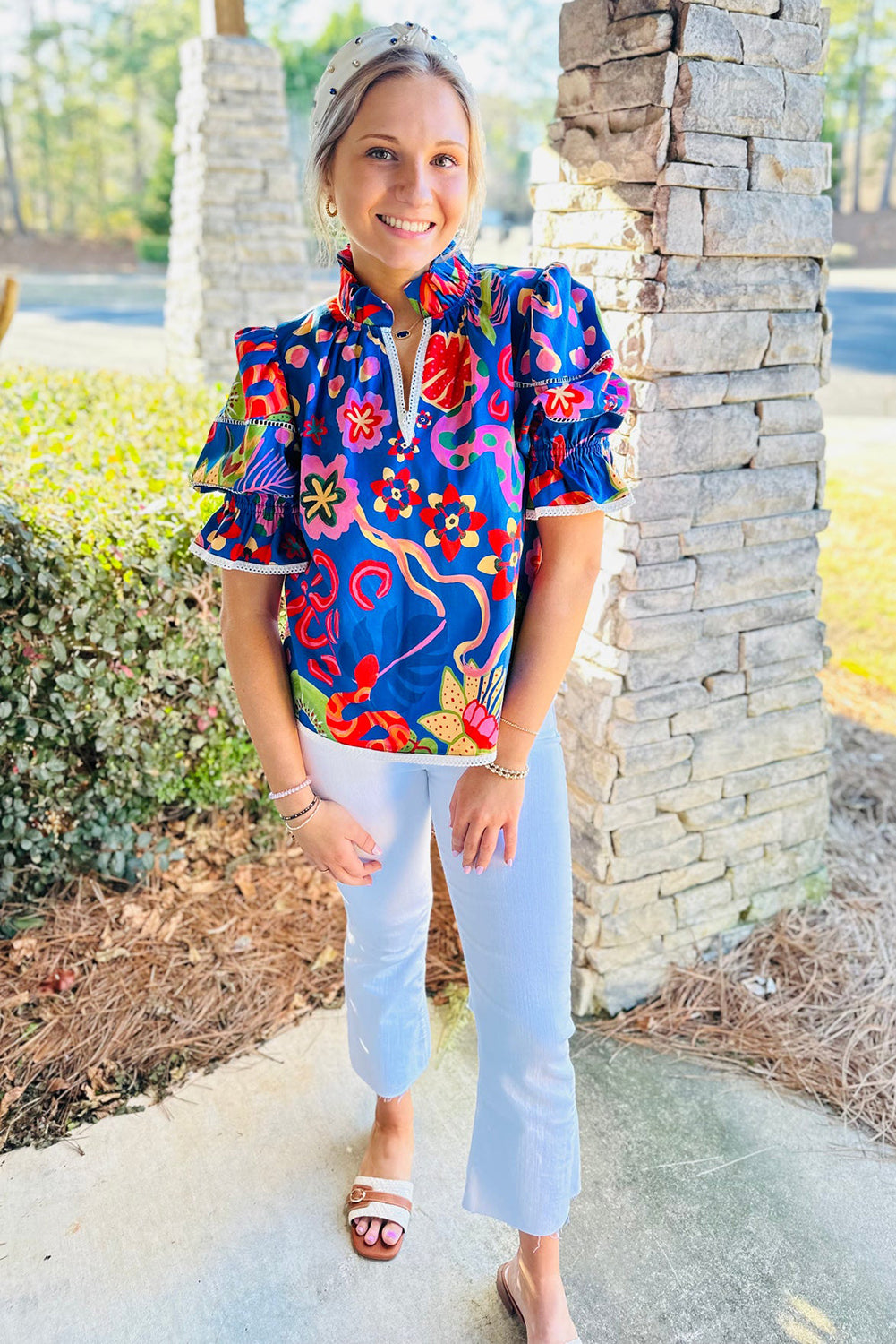 Blue Frill V-neck Abstract Print Blouse - The Fair Lady Shop